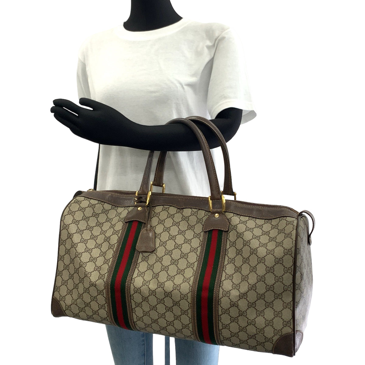 GUCCI グッチ ヴィンテージ オールドグッチ シェリーライン ベージュ ブラウン ゴールド金具 GGスプリームキャンバス / レザー 24 011 534 50 ボストンバッグ ハンドバッグ  レディース