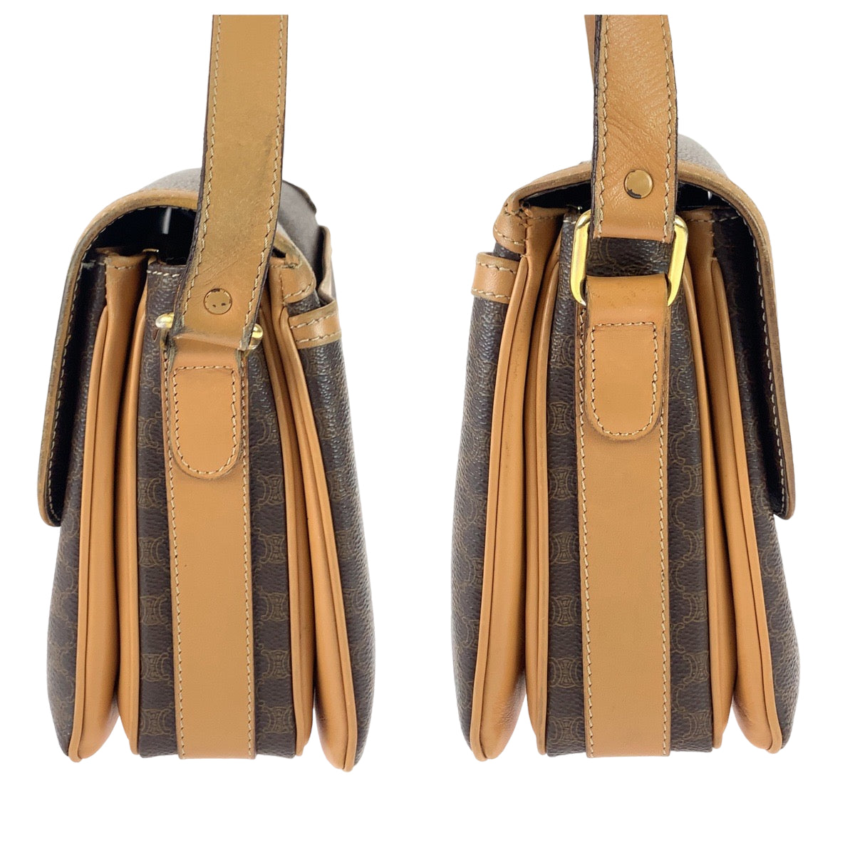 11238
CELINE セリーヌ ヴィンテージ マカダム柄 ブラウン ゴールド金具 PVC / レザー 斜め掛け ショルダーバッグ ポシェット  レディース ABP27
