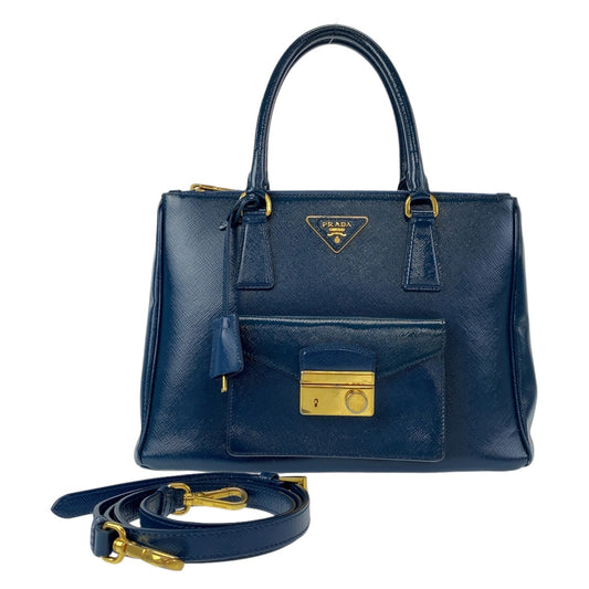 11243
 PRADA Prada Saffiano Triangle Logo Plate Blue Gold Hardware Leather 2way Handbag Crossbody Shoulder Bag Women's