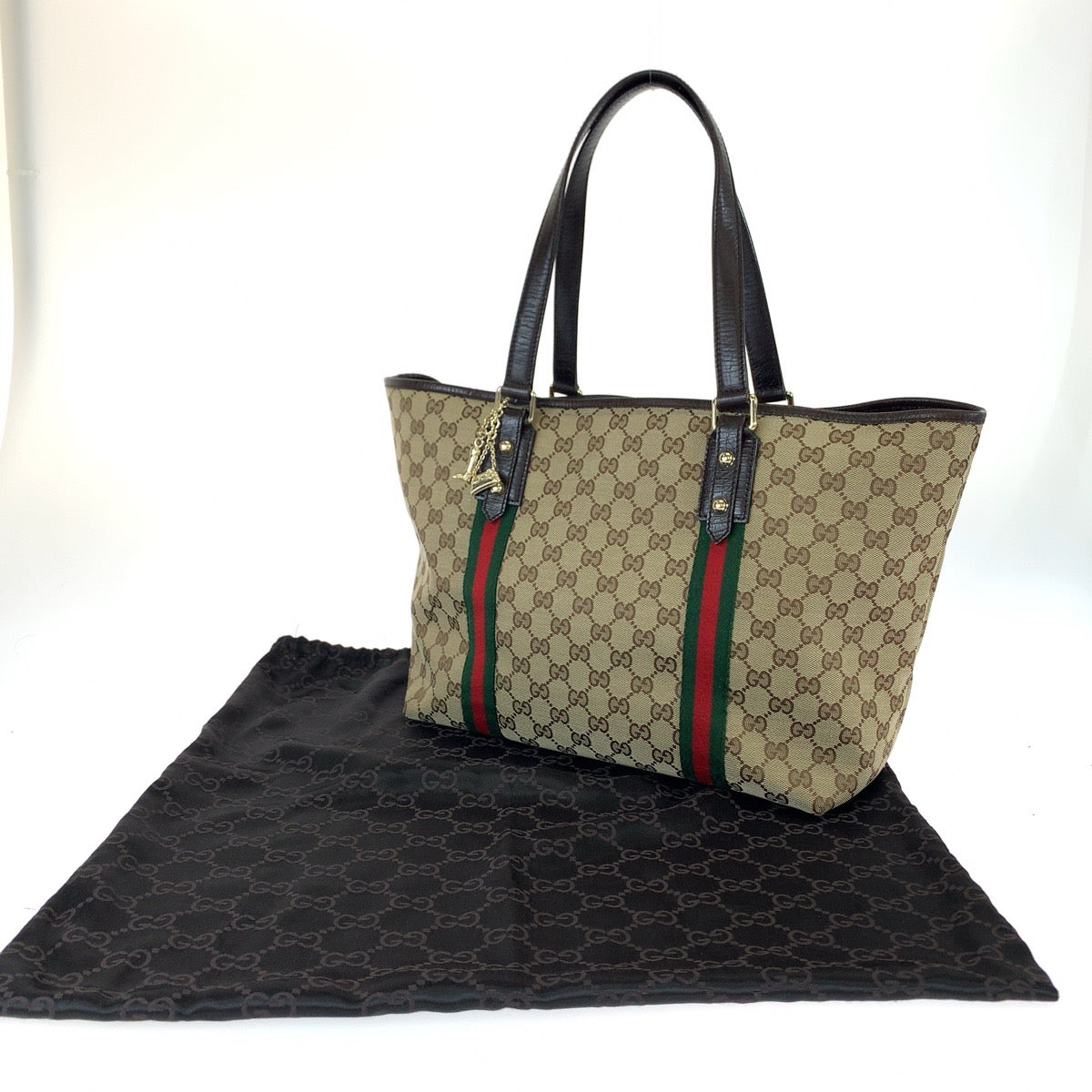 GUCCI グッチ シェリーライン ブラウン 茶 ゴールド金具 GGキャンバス / レザー 139260 チャーム付き トートバッグ ショルダーバッグ  レディース