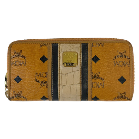 MCM Visetos Light Brown Camel Gold Hardware Leather Long Wallet Round Zipper Unisex Men's