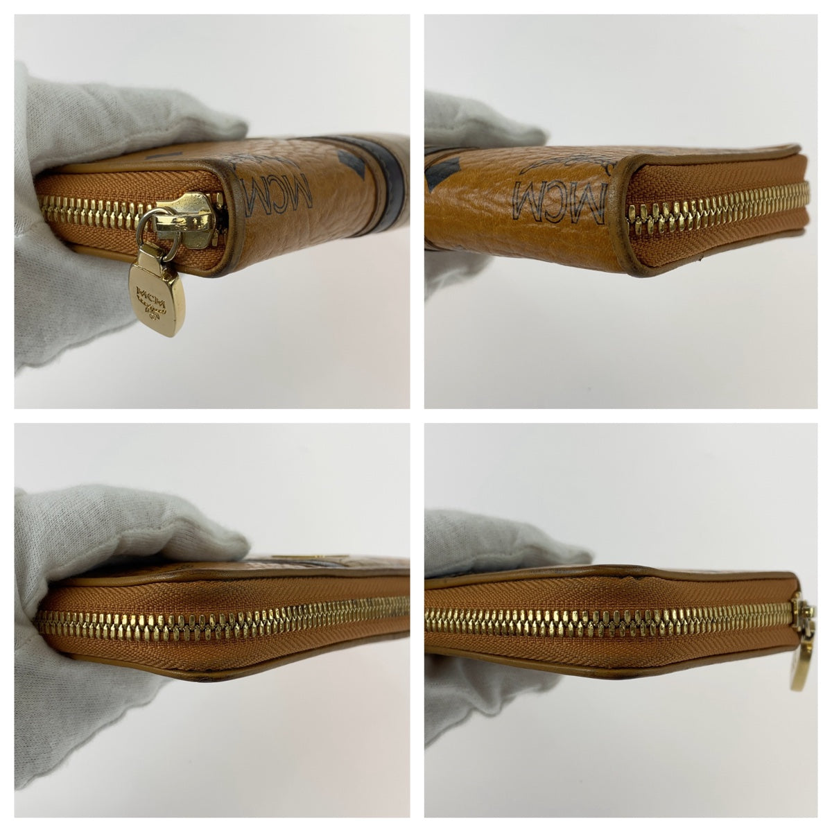 MCM Visetos Light Brown Camel Gold Hardware Leather Long Wallet Round Zipper Unisex Men's