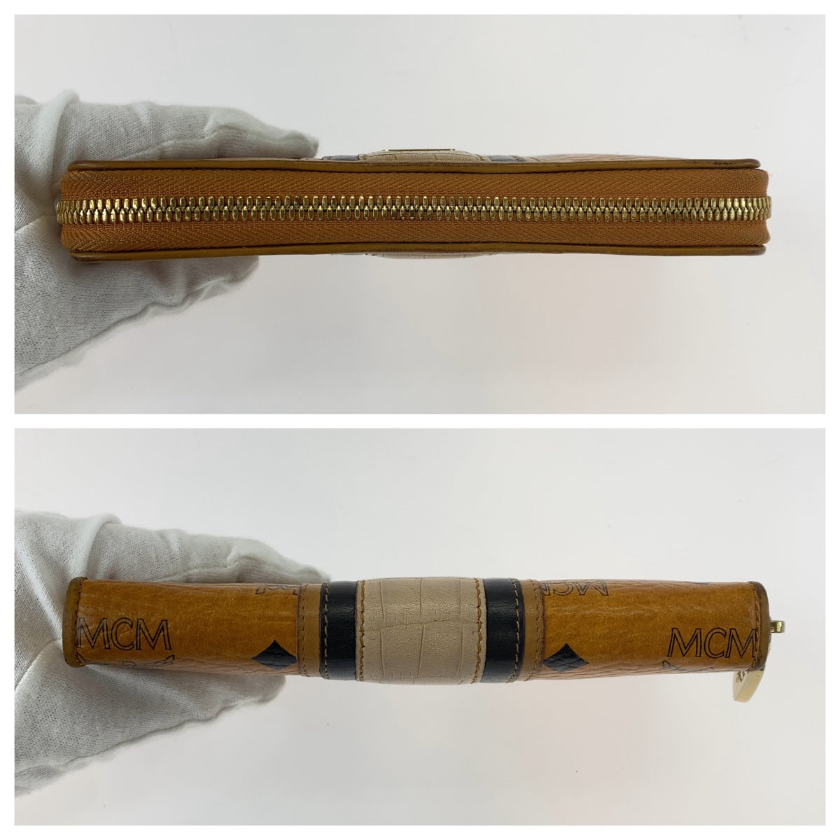 MCM Visetos Light Brown Camel Gold Hardware Leather Long Wallet Round Zipper Unisex Men's