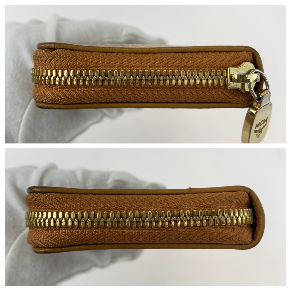 MCM Visetos Light Brown Camel Gold Hardware Leather Long Wallet Round Zipper Unisex Men's