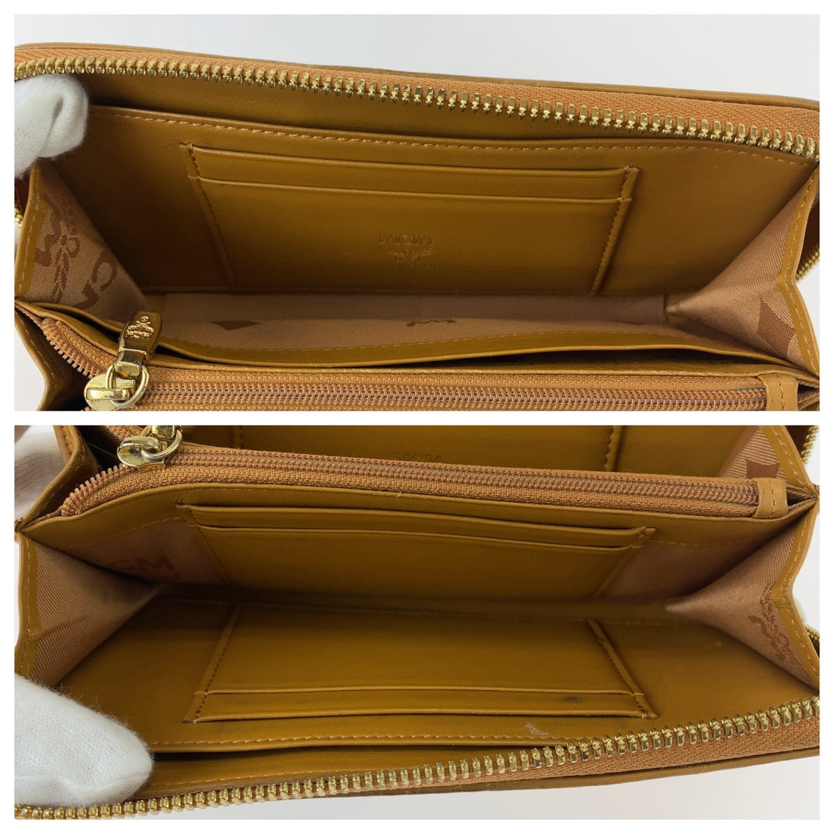 MCM Visetos Light Brown Camel Gold Hardware Leather Long Wallet Round Zipper Unisex Men's