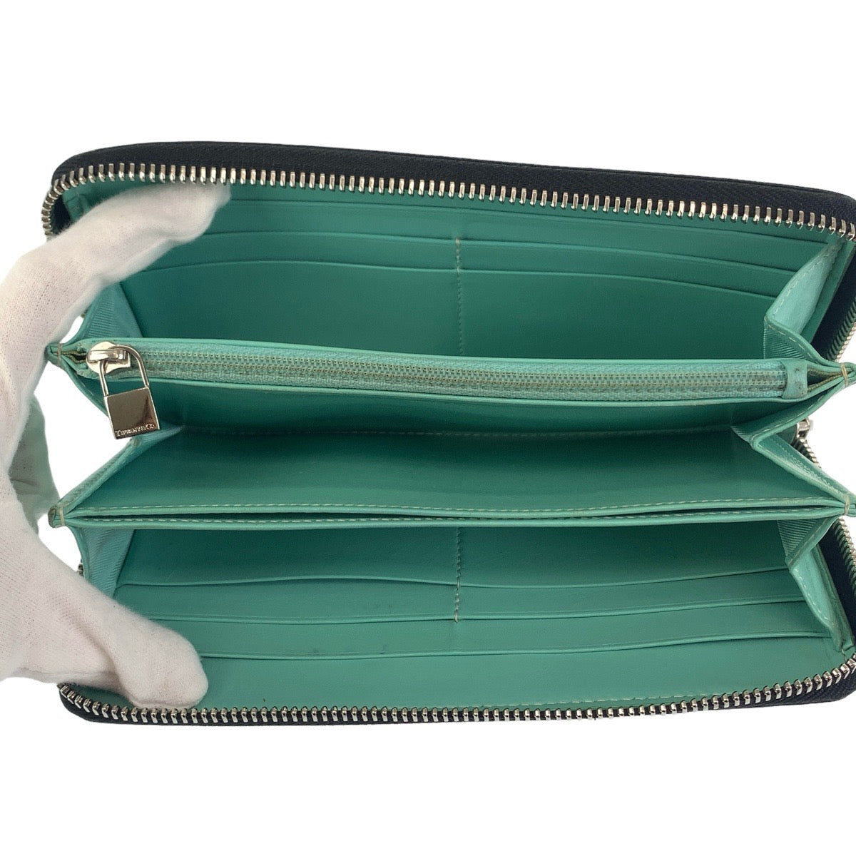 TIFFANY&Co. ティファニー ブラック 黒 ミントグリーン シルバー金具 レザー 長財布 ロングウォレット  レディース