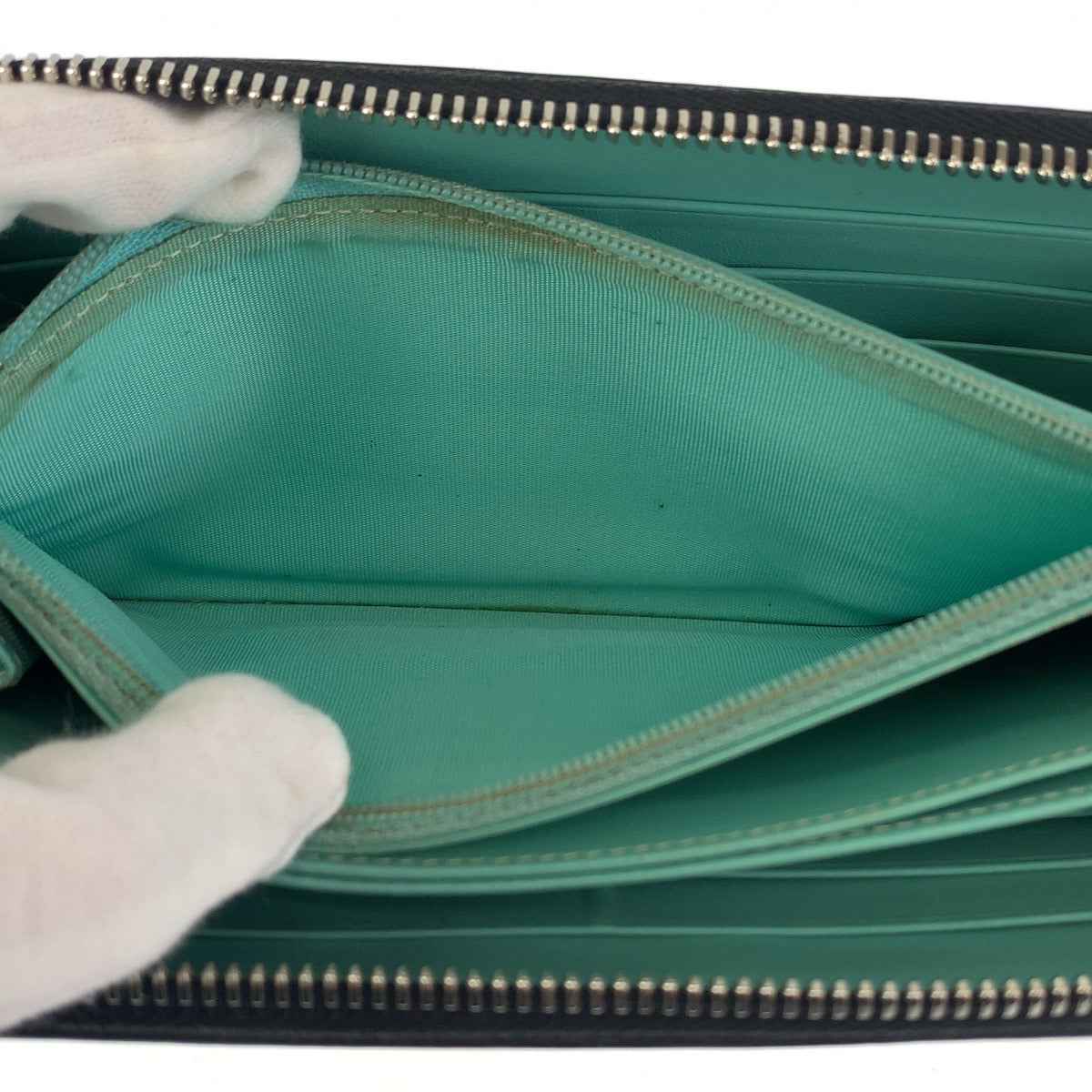 TIFFANY&Co. ティファニー ブラック 黒 ミントグリーン シルバー金具 レザー 長財布 ロングウォレット  レディース