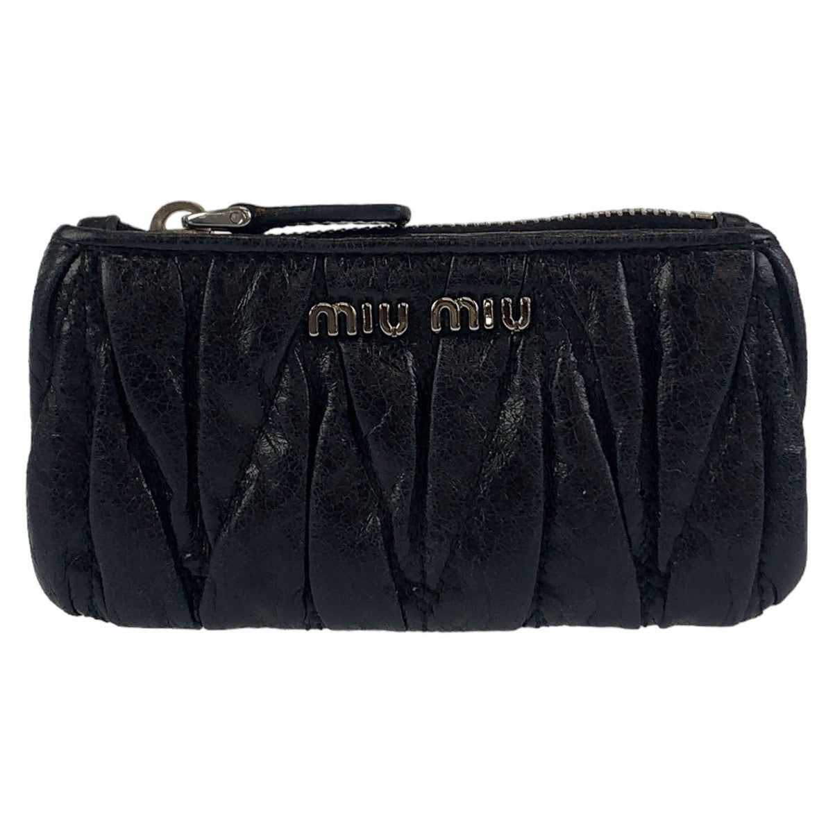 Miu Miu Matelasse Black Silver Hardware Leather Coin Case with Key Ring for Women