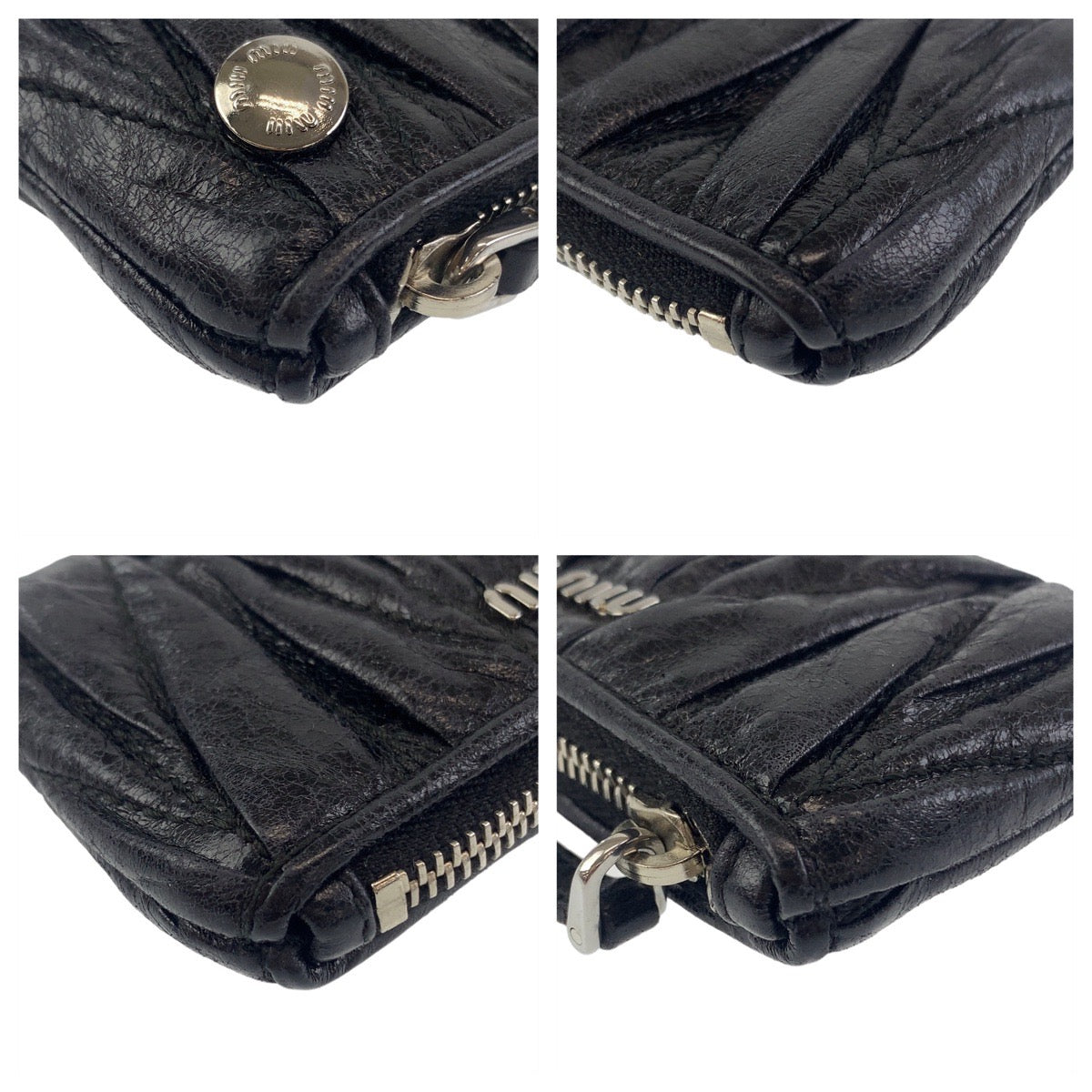 Miu Miu Matelasse Black Silver Hardware Leather Coin Case with Key Ring for Women