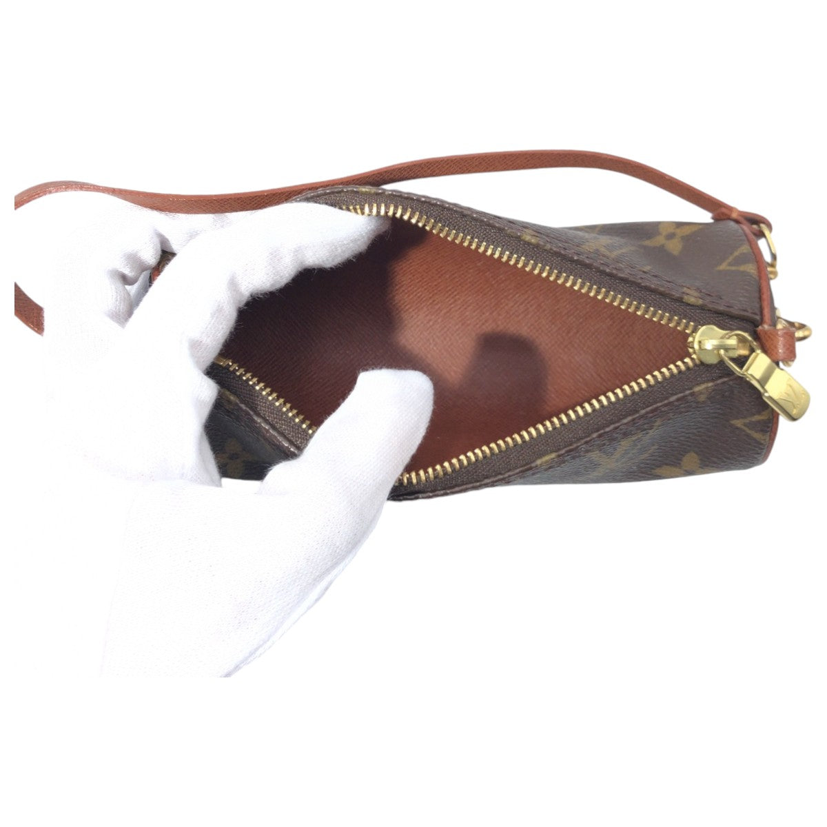 12862
LOUIS VUITTON ルイヴィトン モノグラム パピヨンポーチ ブラウン ゴールド金具 PVC ポーチ  レディース