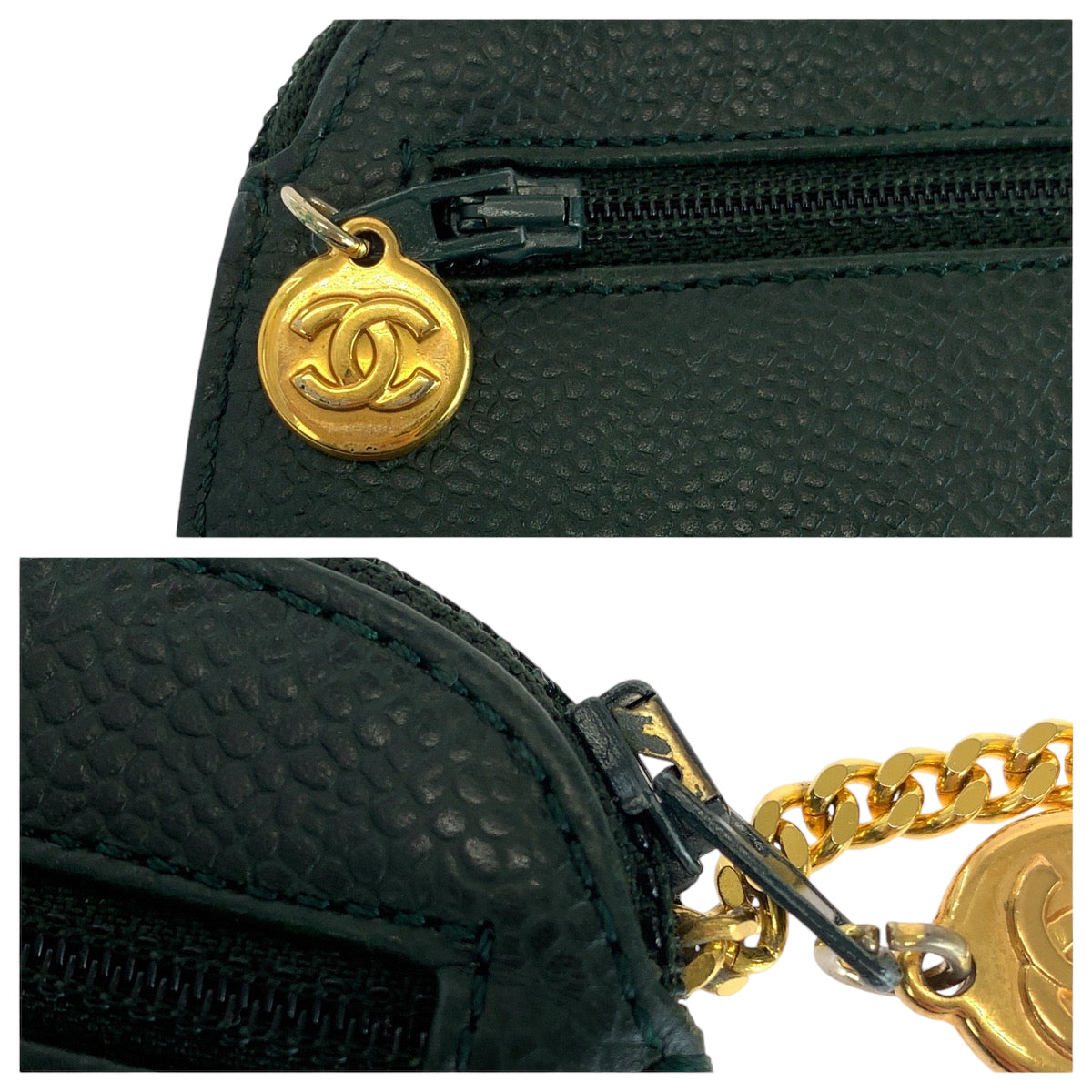 CHANEL シャネル ヴィンテージ ココマーク グリーン ゴールド金具 キャビアスキン コインケース  レディース