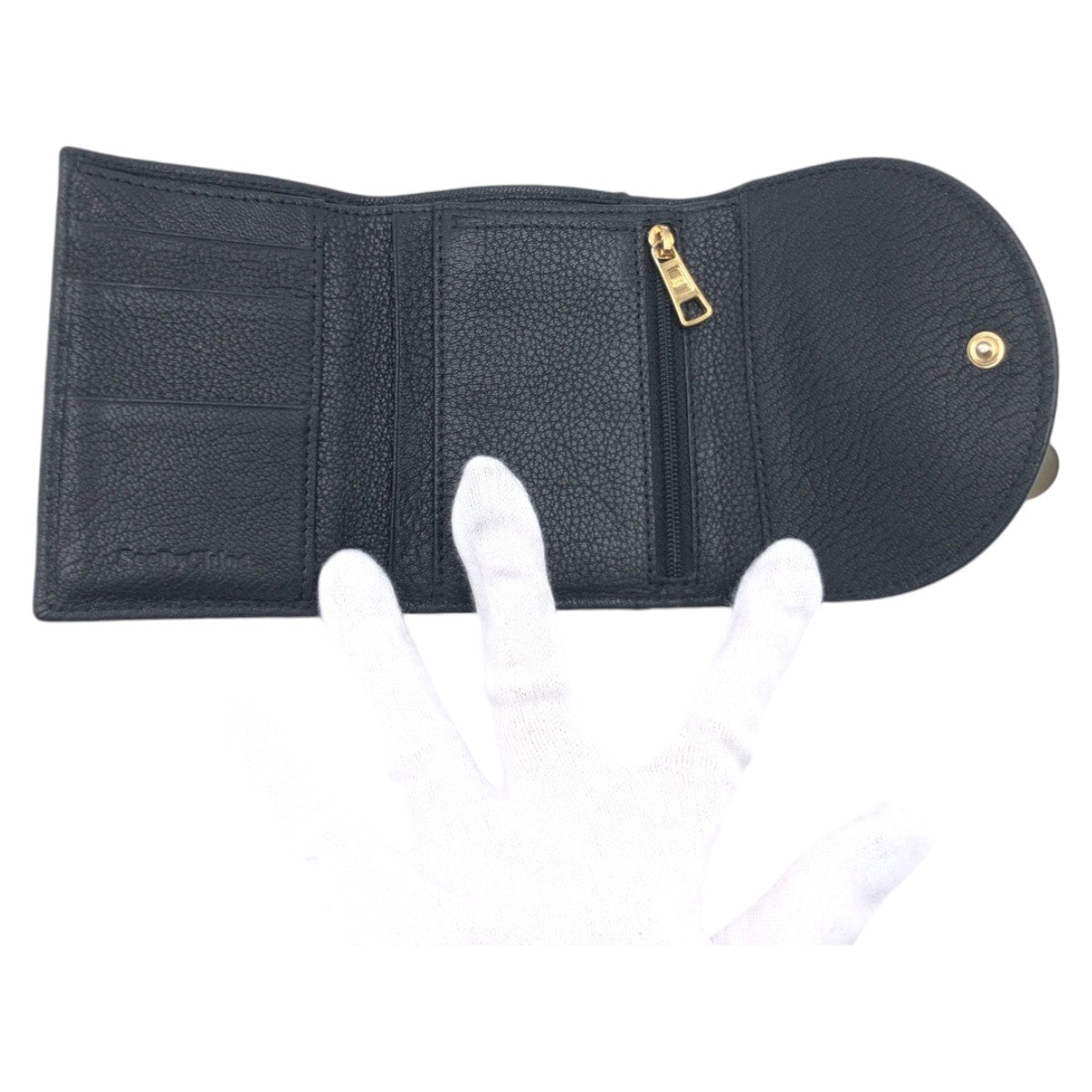 12816
SEE BY CHLOE シーバイクロエ HANA ブラック 黒 ゴールド金具 レザー 折財布 コンパクトウォレット  レディース