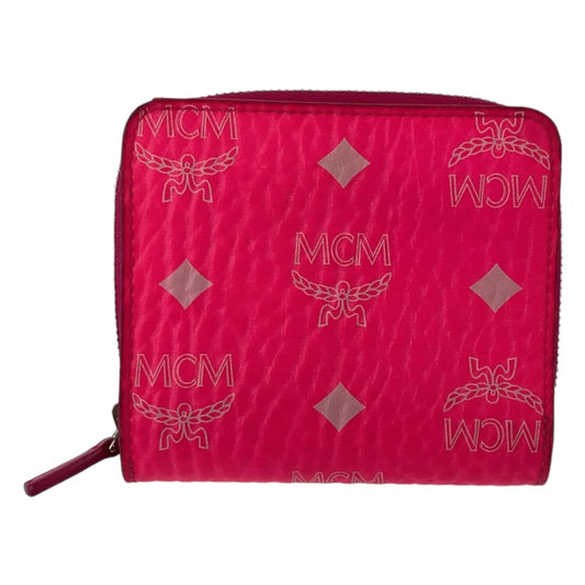 MCM Neon Pink Silver Hardware Leather Folding Wallet Compact Wallet for Women