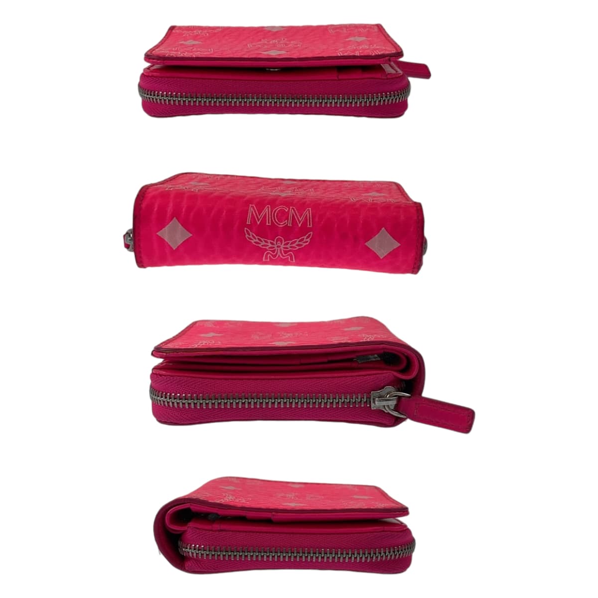 MCM Neon Pink Silver Hardware Leather Folding Wallet Compact Wallet for Women