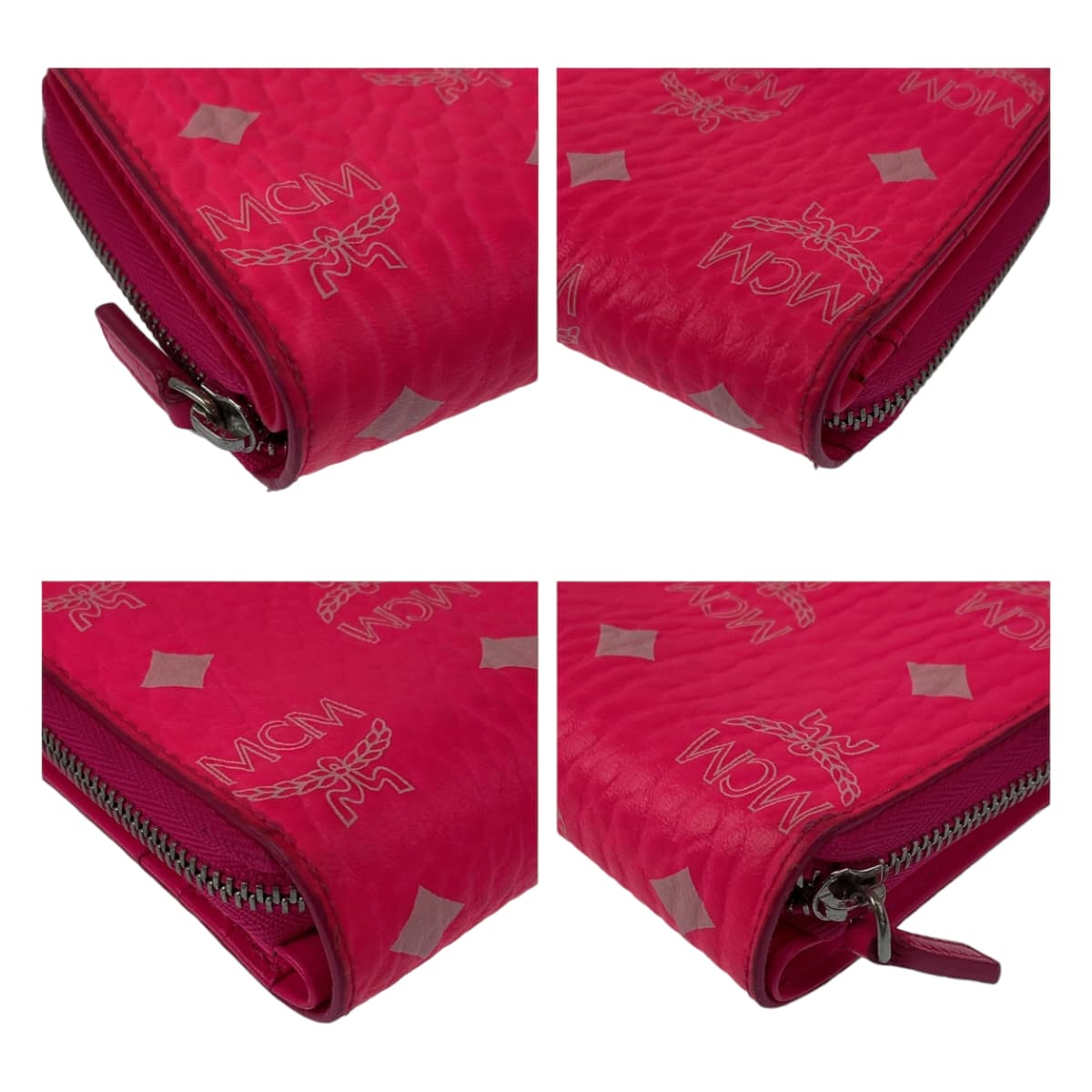 MCM Neon Pink Silver Hardware Leather Folding Wallet Compact Wallet for Women