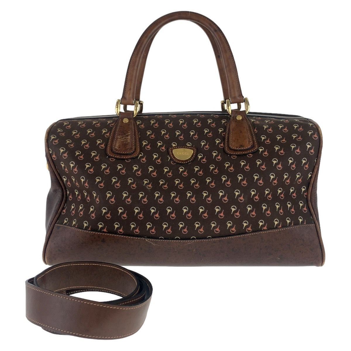 11280
GUCCI グッチ ヴィンテージ オールドグッチ ホースビット柄 ブラウン ゴールド金具 ナイロン / レザー ボストンバッグ 斜め掛け ショルダーバッグ 2way  メンズ AB25