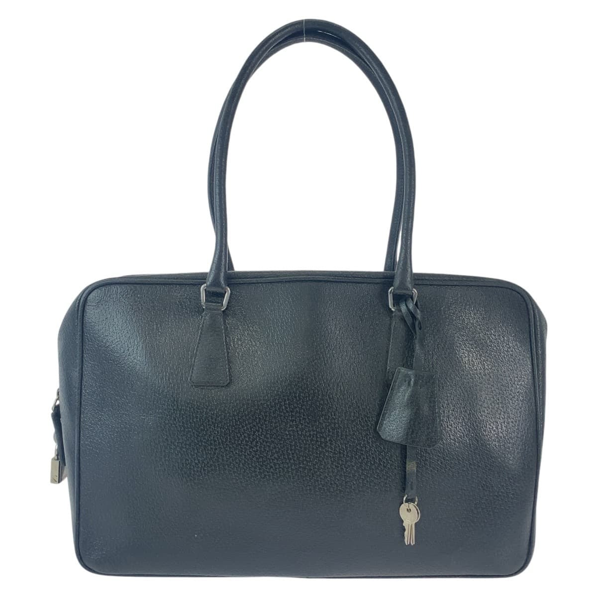 PRADA Prada Triangle Logo Plate Black Silver Hardware Leather Tote Bag Business Bag Men's