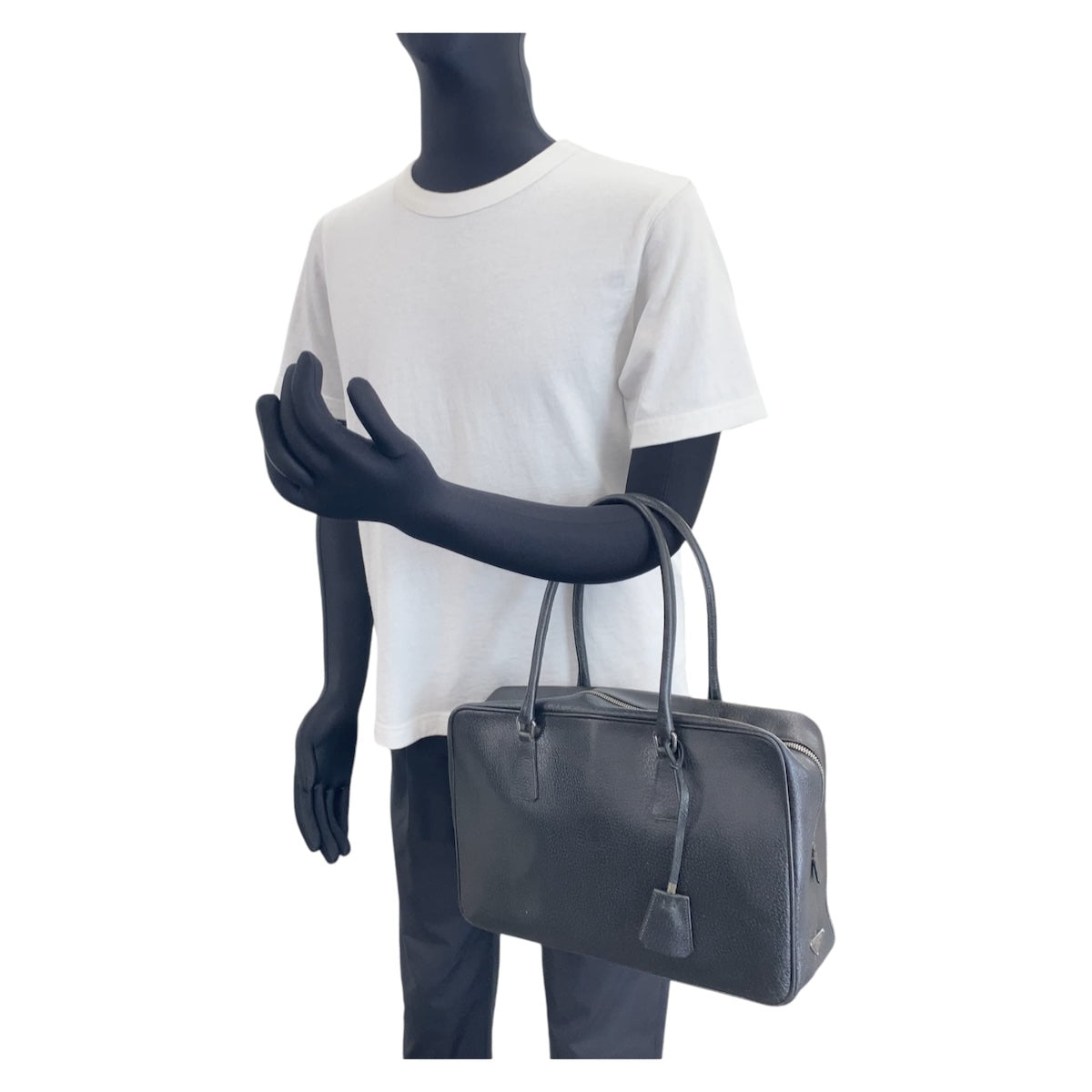 PRADA Prada Triangle Logo Plate Black Silver Hardware Leather Tote Bag Business Bag Men's