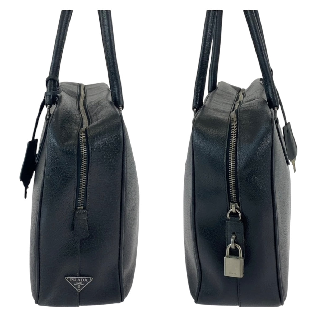 PRADA Prada Triangle Logo Plate Black Silver Hardware Leather Tote Bag Business Bag Men's