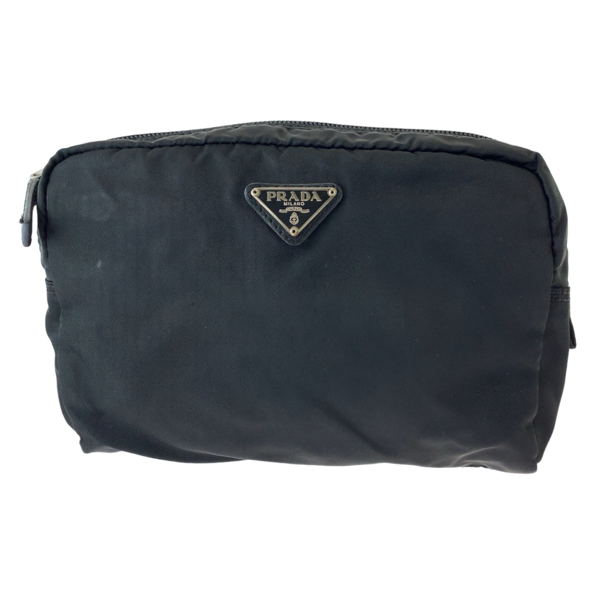 PRADA Tessuto Triangle Logo Plate Black Silver Hardware Nylon Pouch Makeup Pouch Women's