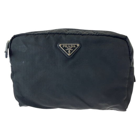 PRADA Tessuto Triangle Logo Plate Black Silver Hardware Nylon Pouch Makeup Pouch Women's