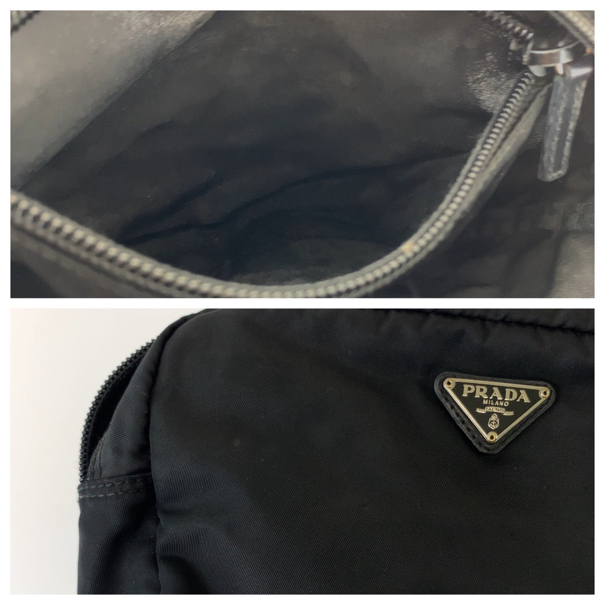 PRADA Tessuto Triangle Logo Plate Black Silver Hardware Nylon Pouch Makeup Pouch Women's