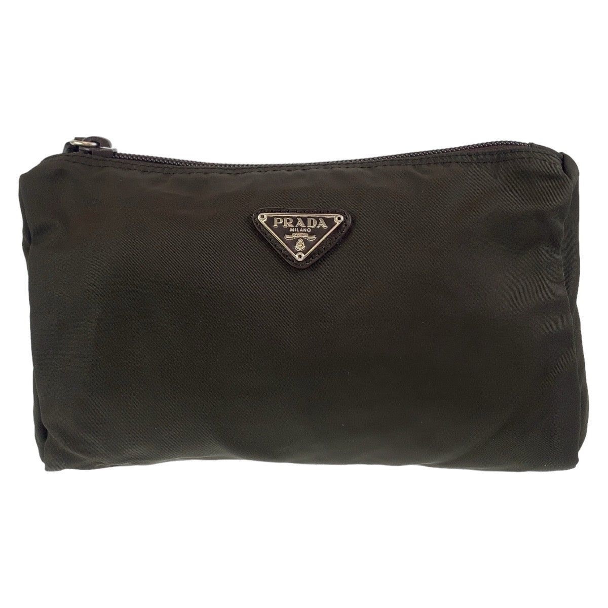 PRADA Prada Tessuto Triangle Logo Plate Khaki Silver Hardware Nylon Pouch Accessory Pouch Women's