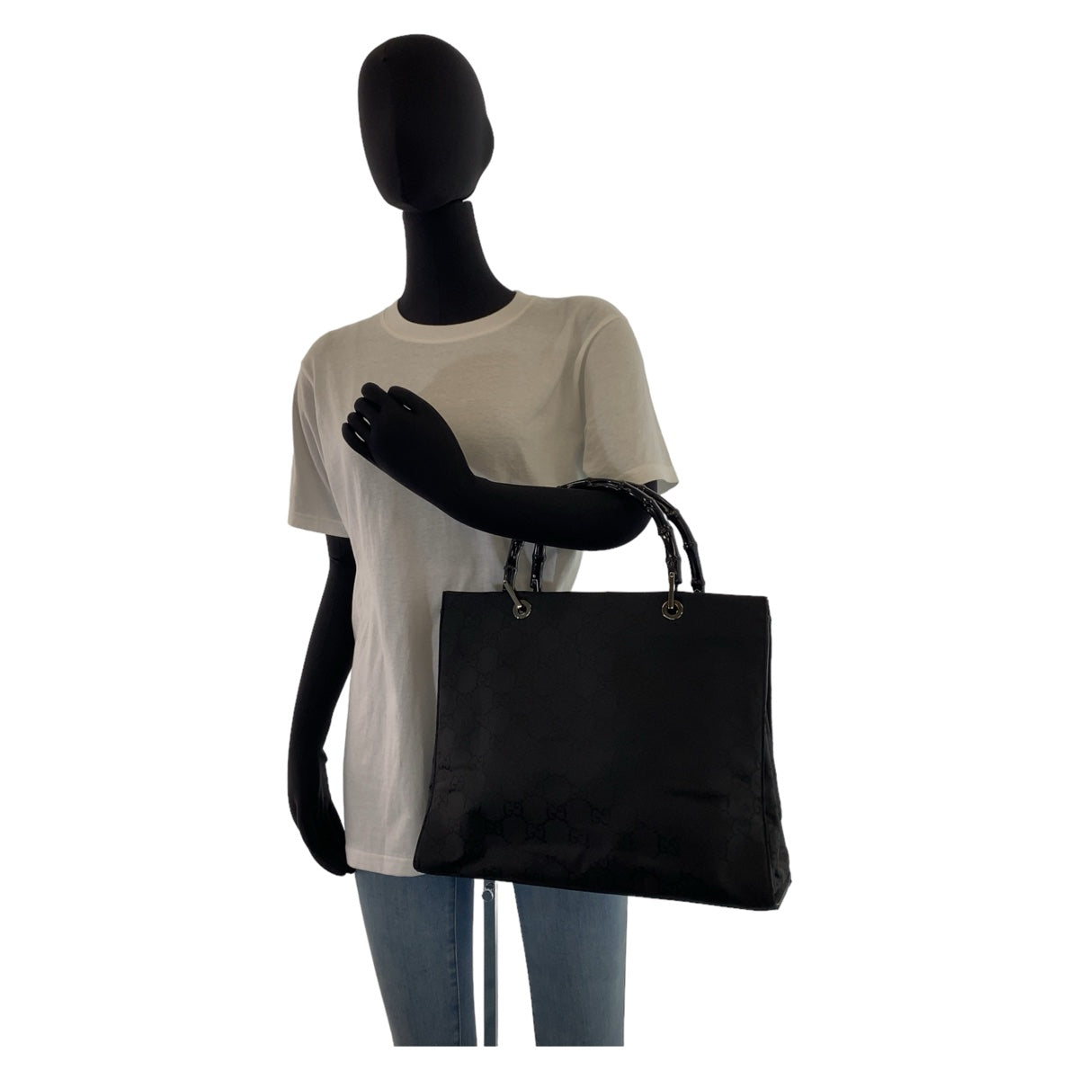 11309
GUCCI グッチ バンブー GG柄 ブラック シルバー金具 ナイロン 21010 トートバッグ ハンドバッグ  レディース