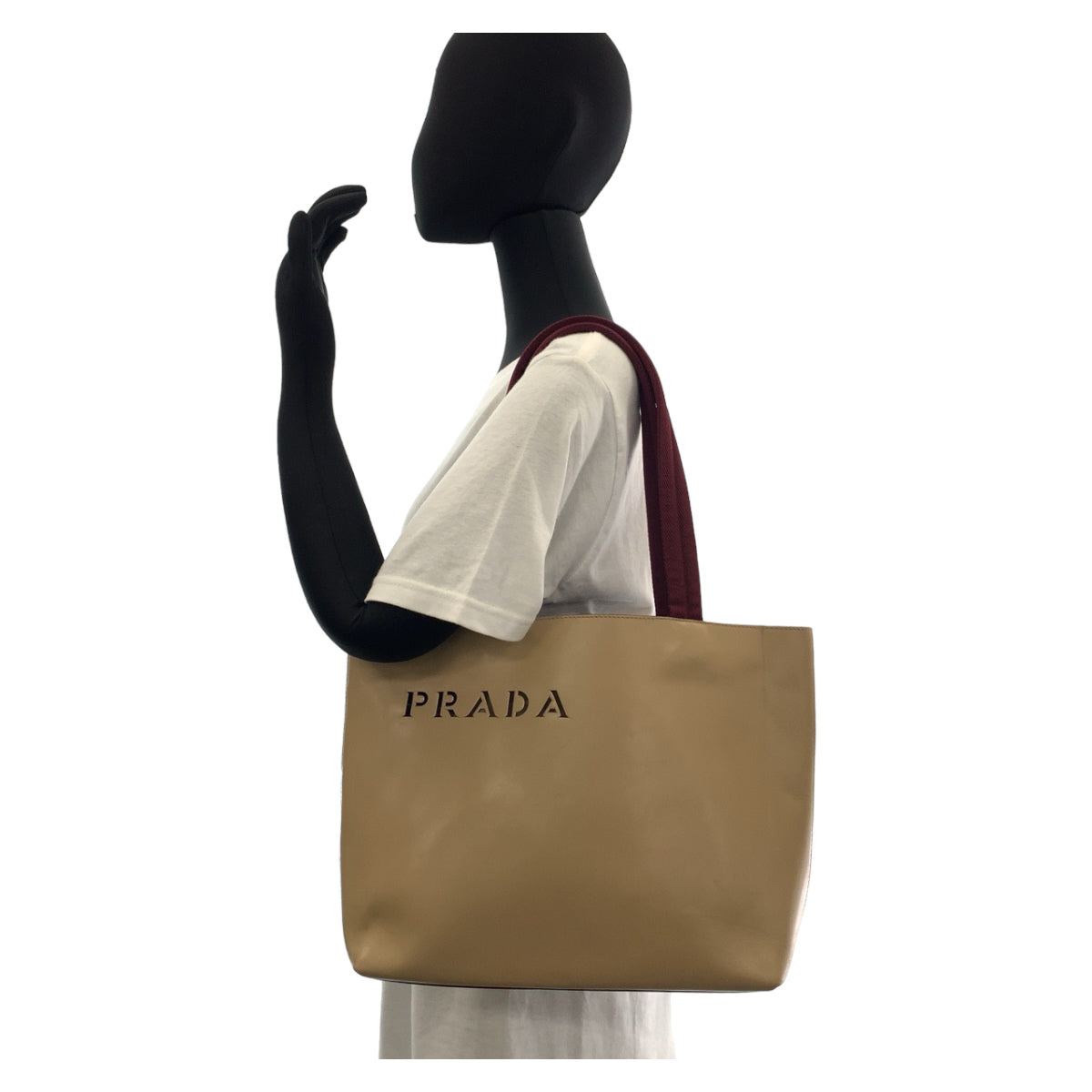 11320
PRADA プラダ ロゴ型抜き ポーチ付き ベージュ ボルドー ワインレッド レザー / スウェード トートバッグ ショルダーバッグ ハンドバッグ  レディース