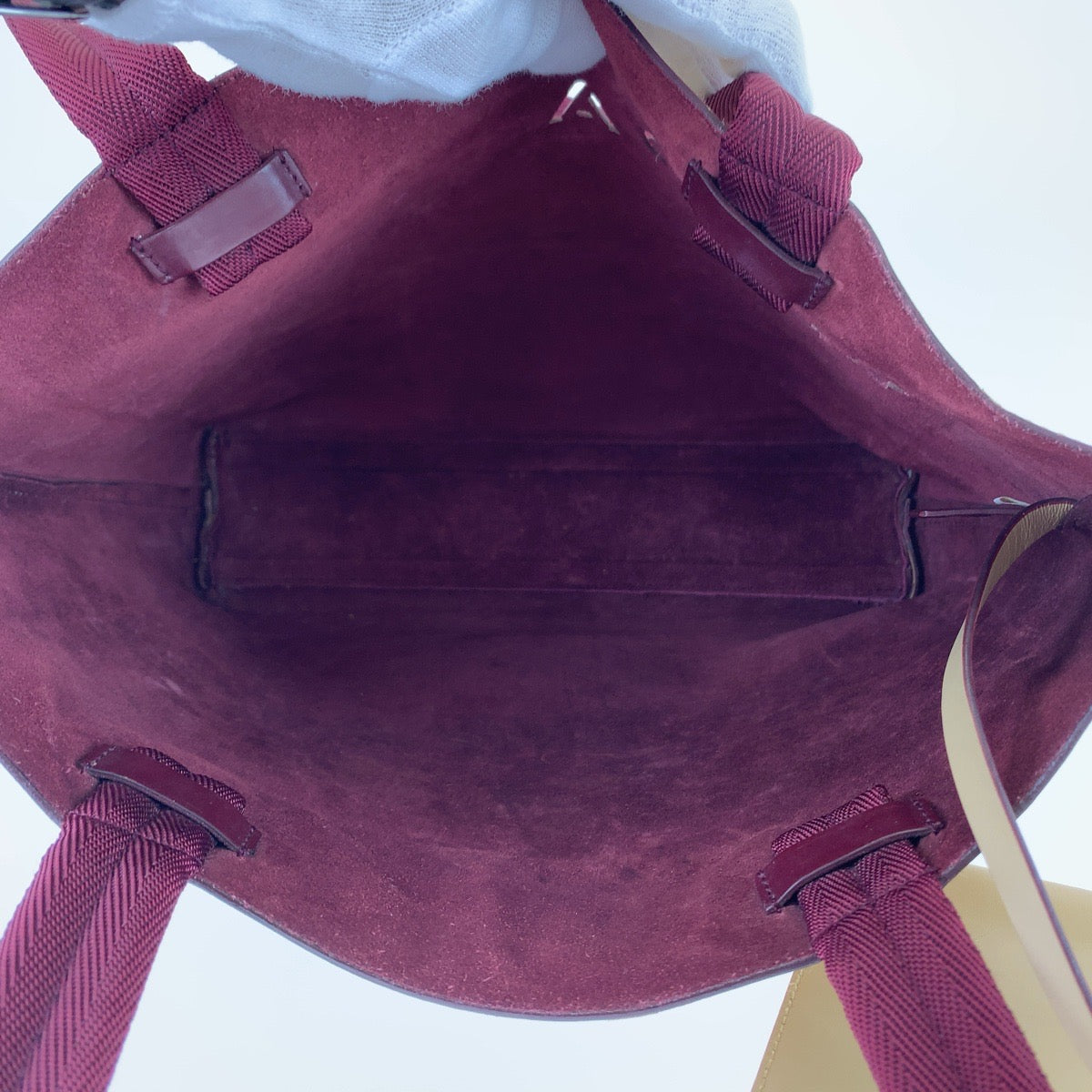 11320
PRADA プラダ ロゴ型抜き ポーチ付き ベージュ ボルドー ワインレッド レザー / スウェード トートバッグ ショルダーバッグ ハンドバッグ  レディース