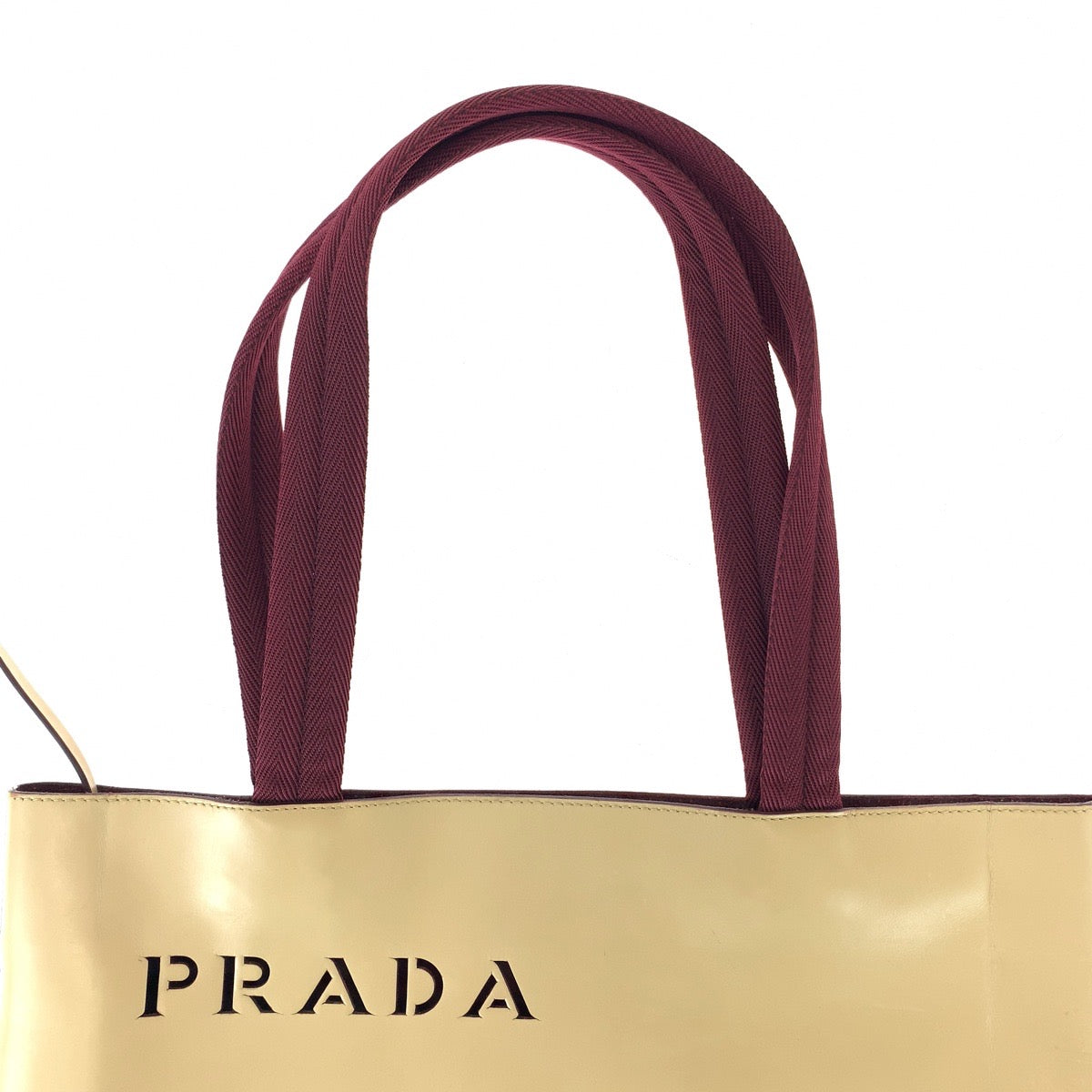 11320
PRADA プラダ ロゴ型抜き ポーチ付き ベージュ ボルドー ワインレッド レザー / スウェード トートバッグ ショルダーバッグ ハンドバッグ  レディース