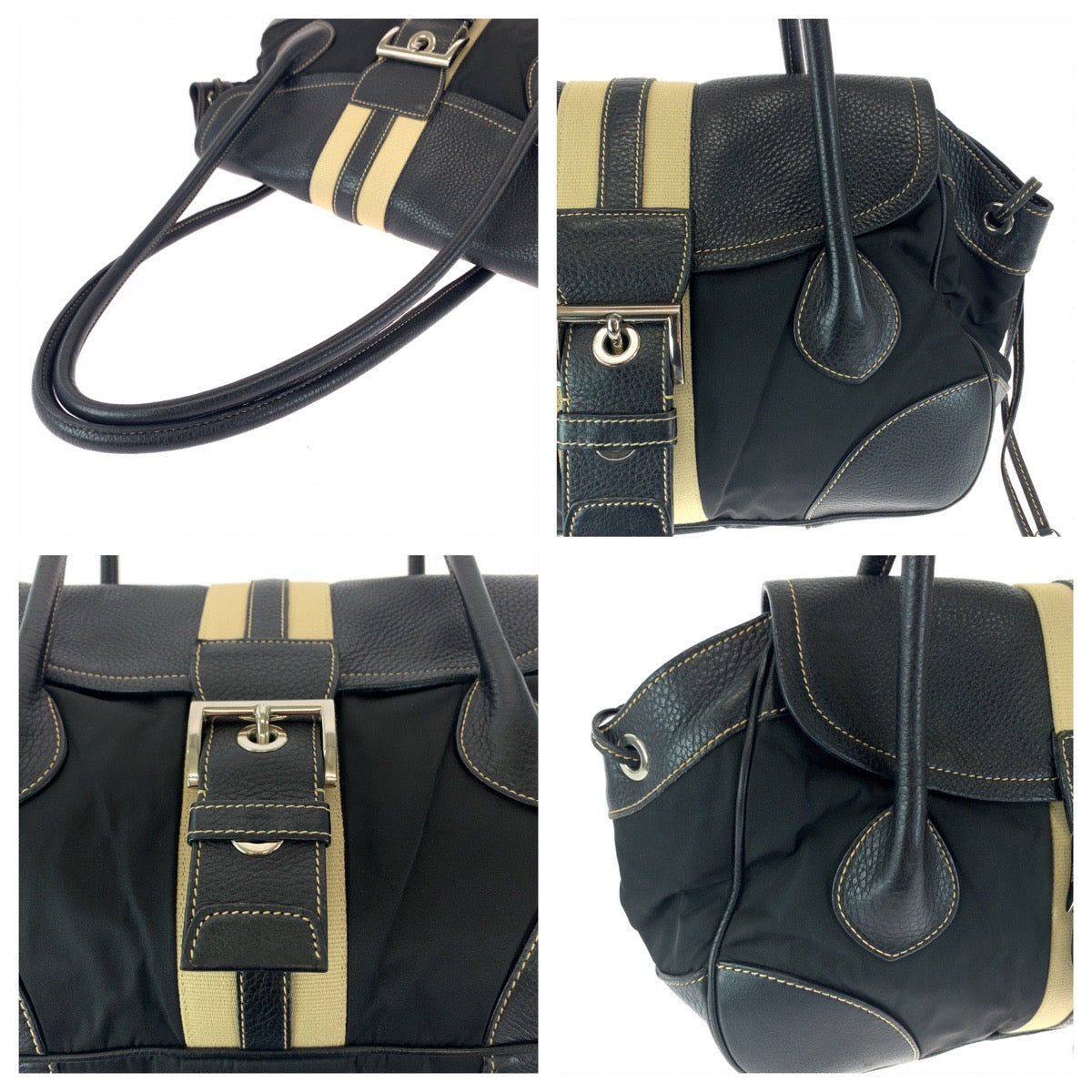 12447
PRADA プラダ 三角ロゴプレート ブラック 黒 ベージュ シルバー金具 レザー BR2937 ショルダーバッグ ハンドバッグ  レディース