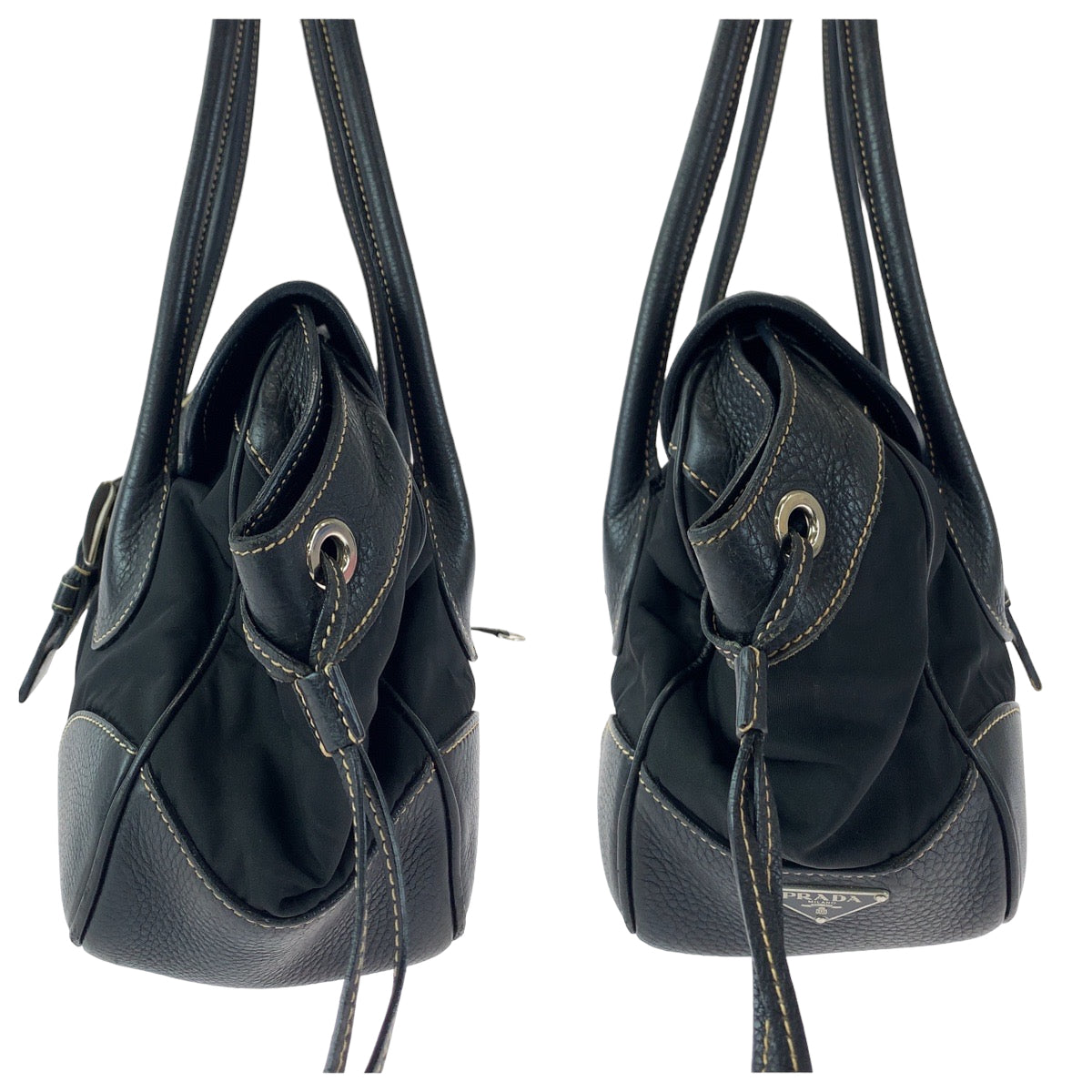 12447
PRADA プラダ 三角ロゴプレート ブラック 黒 ベージュ シルバー金具 レザー BR2937 ショルダーバッグ ハンドバッグ  レディース