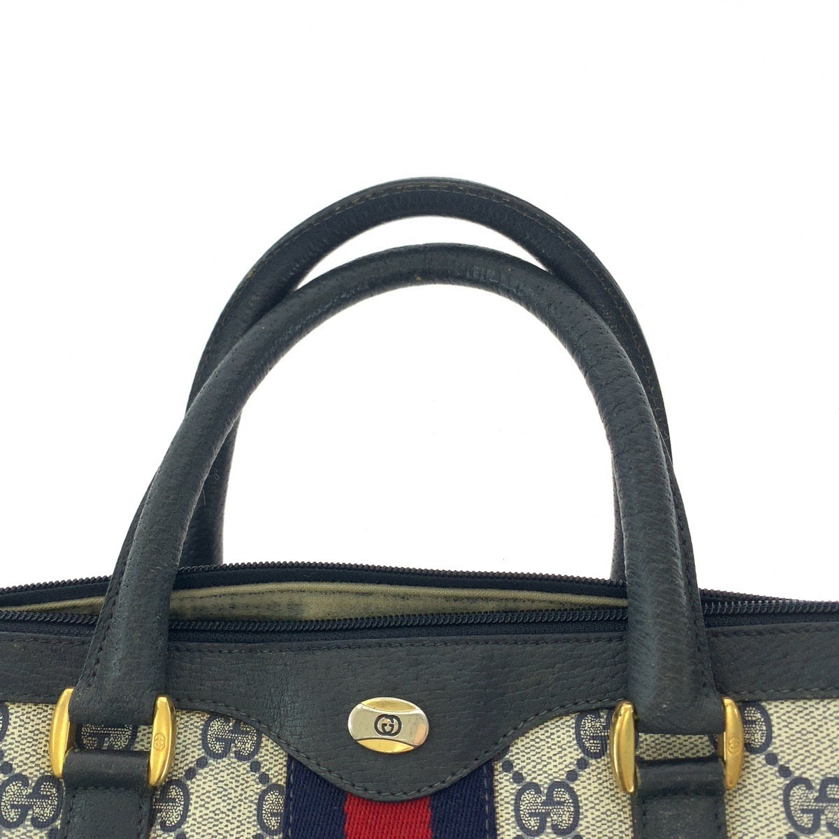GUCCI グッチ ヴィンテージ オールドグッチ シェリーライン ネイビー グレー ゴールド金具 GGスプリームキャンバス / レザー 58 02 007 ハンドバッグ ミニボストンバッグ  レディース