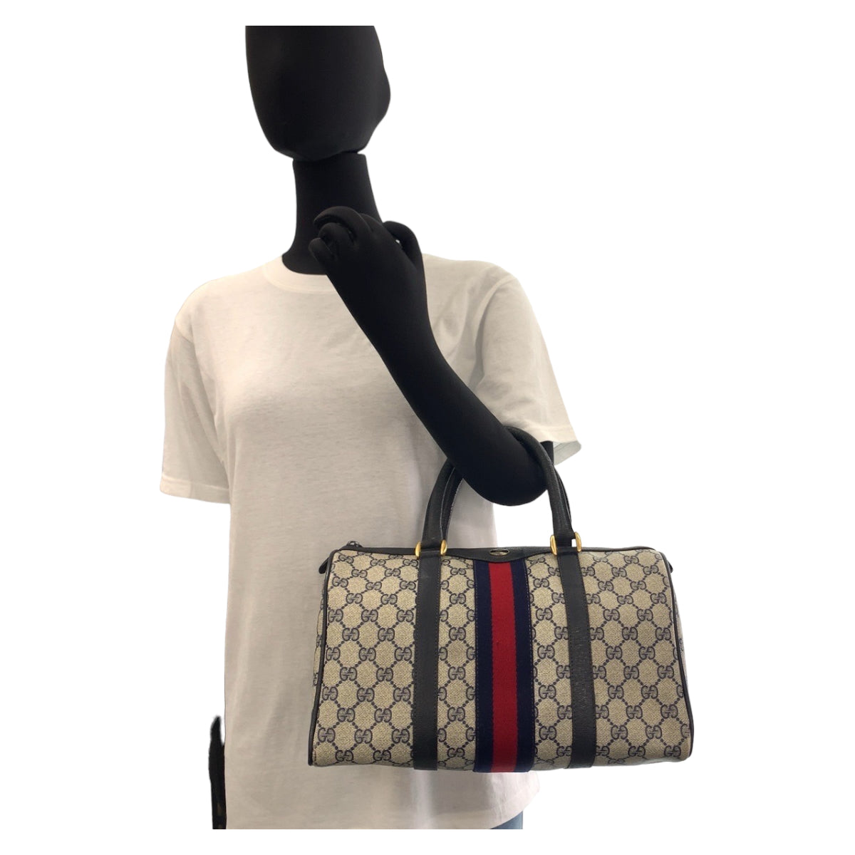 GUCCI グッチ ヴィンテージ オールドグッチ シェリーライン ネイビー グレー ゴールド金具 GGスプリームキャンバス / レザー 58 02 007 ハンドバッグ ミニボストンバッグ  レディース