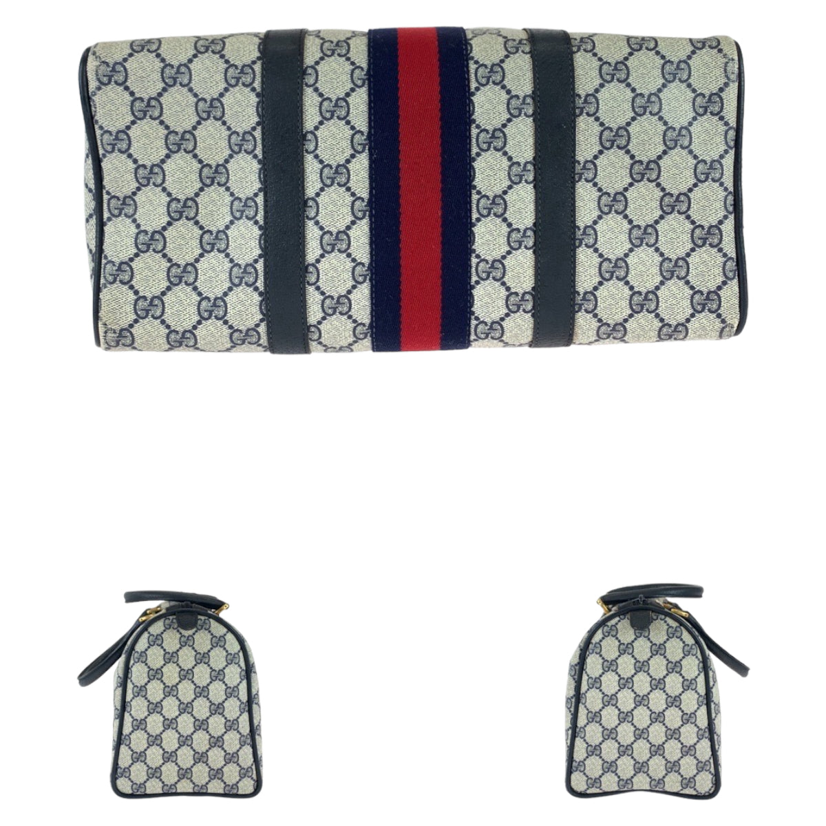 GUCCI グッチ ヴィンテージ オールドグッチ シェリーライン ネイビー グレー ゴールド金具 GGスプリームキャンバス / レザー 58 02 007 ハンドバッグ ミニボストンバッグ  レディース