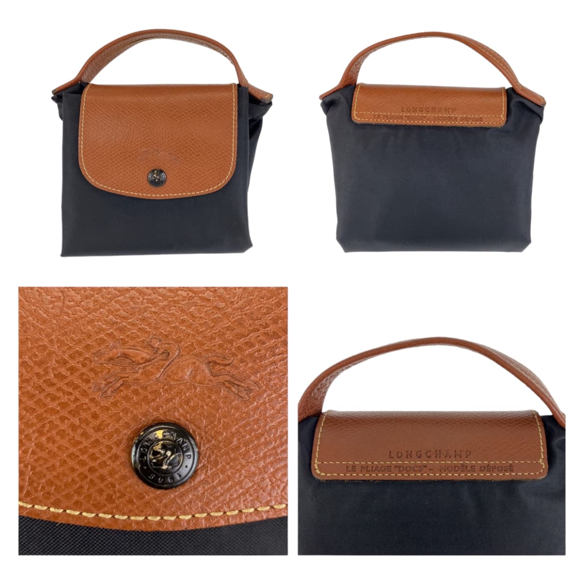 12443
Longchamp ロンシャン ル プリアージュ ブラック 黒 ブラウン ゴールド金具 ポリエステル / レザー ハンドバッグ 折りたたみバッグ  レディース