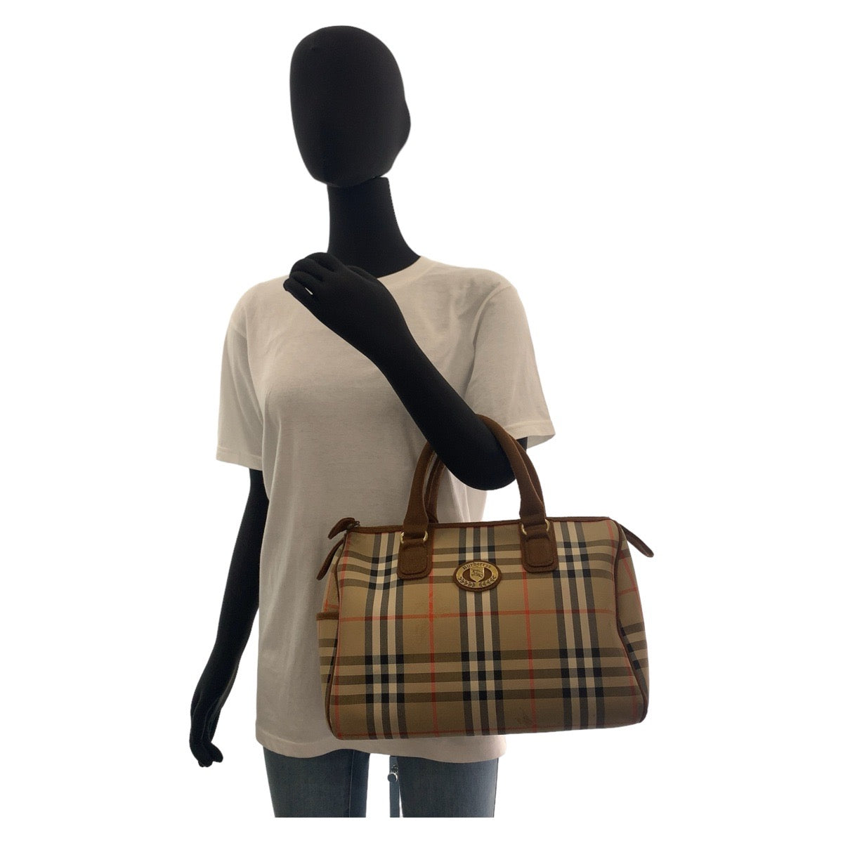 11367
BURBERRY バーバリー ヴィンテージ チェック柄 シャドーホース ベージュ ブラウン ゴールド金具 キャンバス ボストンバッグ ハンドバッグ  レディース
