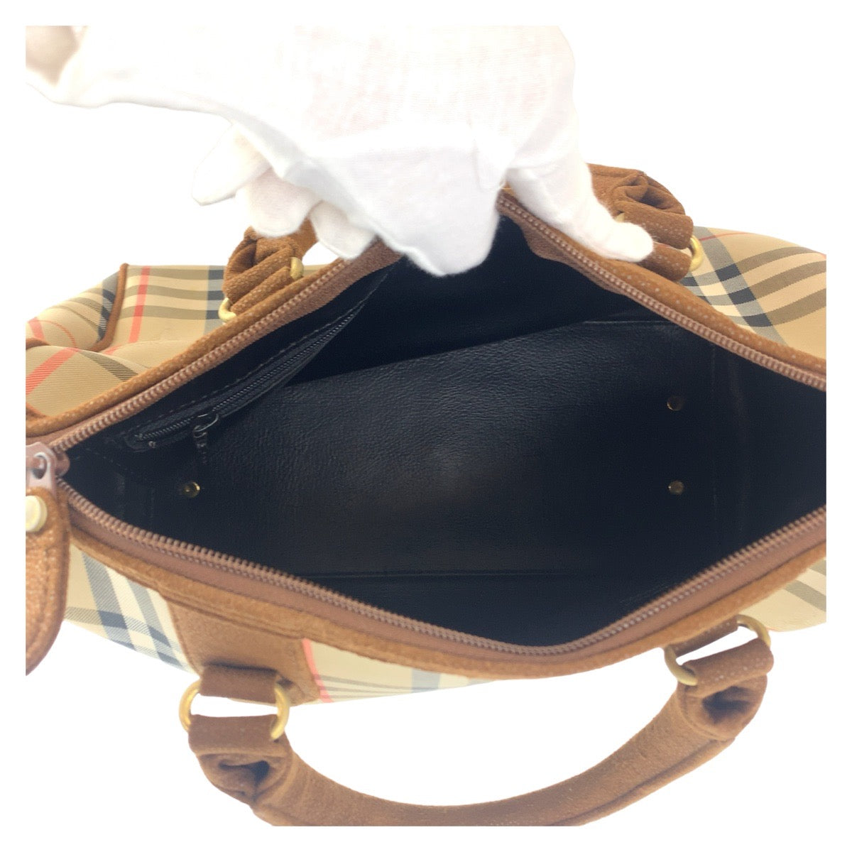 11367
BURBERRY バーバリー ヴィンテージ チェック柄 シャドーホース ベージュ ブラウン ゴールド金具 キャンバス ボストンバッグ ハンドバッグ  レディース