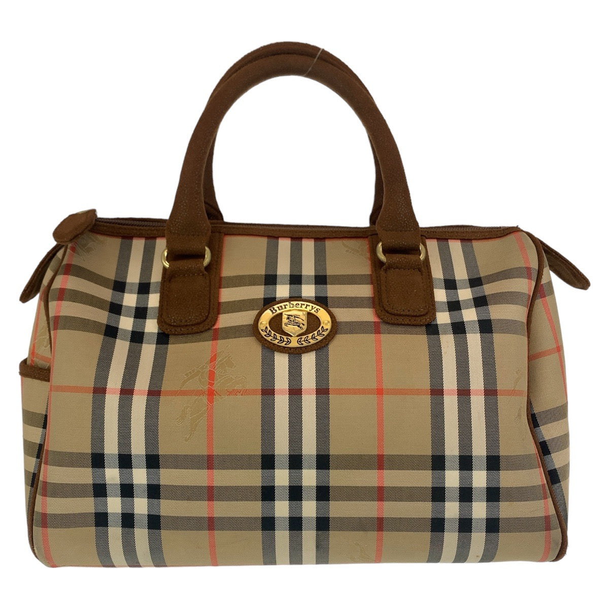 11367
BURBERRY バーバリー ヴィンテージ チェック柄 シャドーホース ベージュ ブラウン ゴールド金具 キャンバス ボストンバッグ ハンドバッグ  レディース