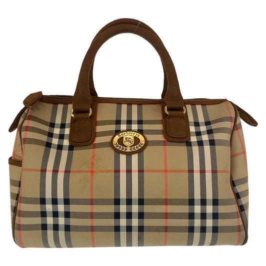 11367
BURBERRY バーバリー ヴィンテージ チェック柄 シャドーホース ベージュ ブラウン ゴールド金具 キャンバス ボストンバッグ ハンドバッグ  レディース