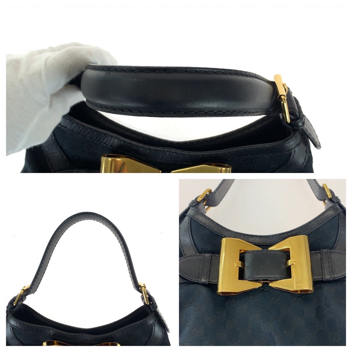 11369
GUCCI グッチ クイーン ホーボー ブラック 黒 ゴールド金具 GGキャンバス / レザー 189885 ショルダーバッグ ハンドバッグ  レディース