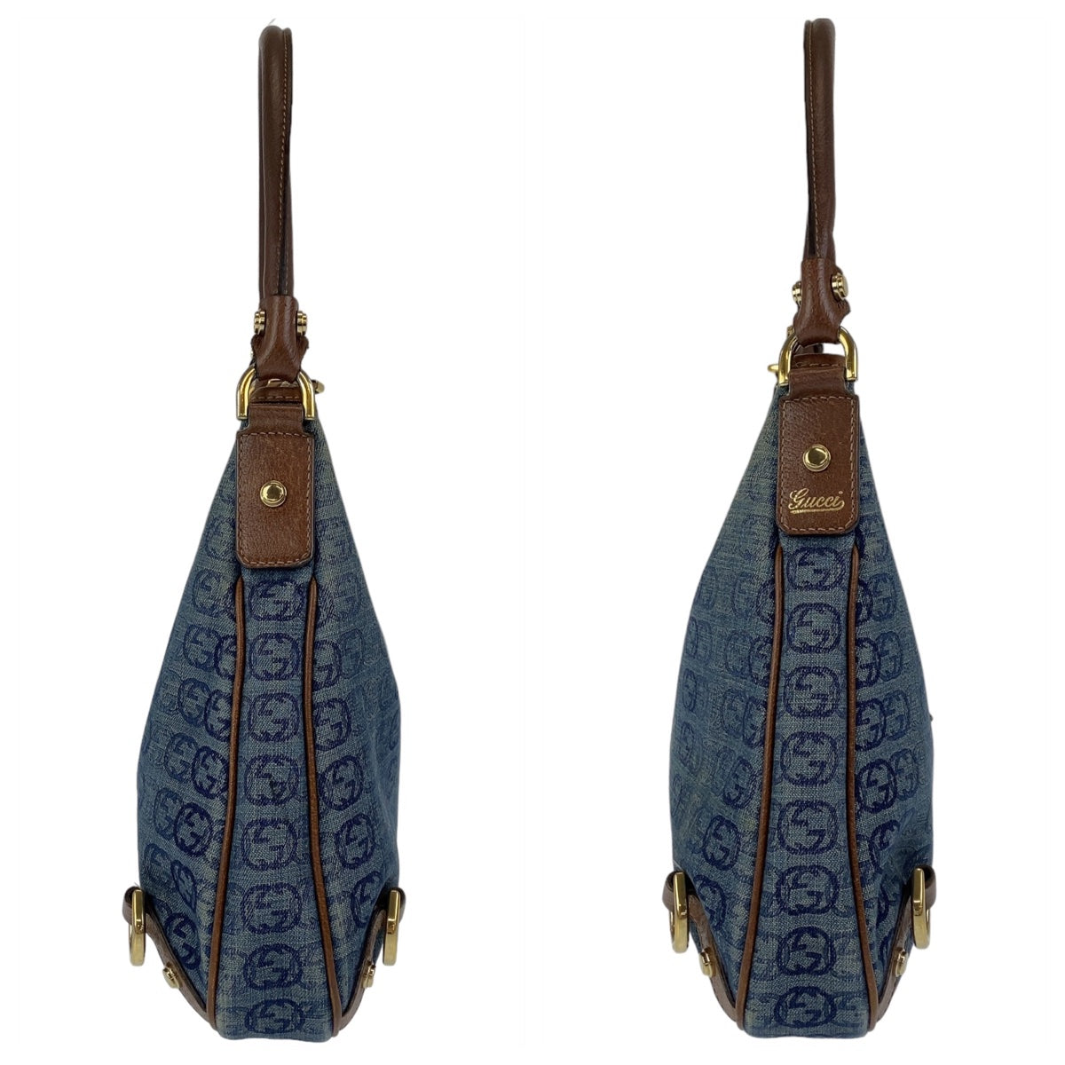11370
GUCCI グッチ アビー インターロッキング ブルー ブラウン ゴールド金具 デニム / レザー 130738 ホーボー ショルダーバッグ  レディース