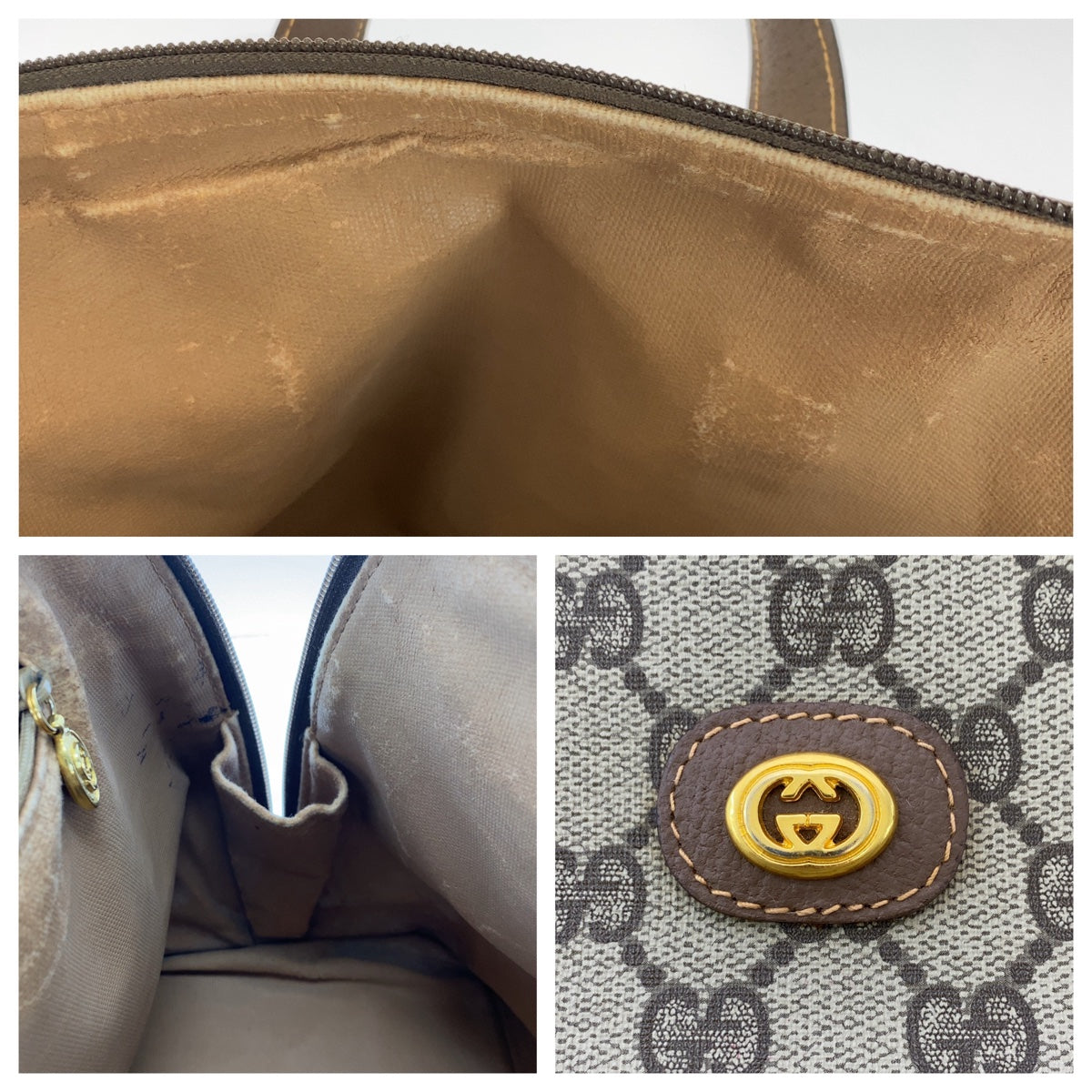 GUCCI グッチ ヴィンテージ オールドグッチ インターロッキング ブラウン グレー ゴールド金具 GGスプリームキャンバス / レザー 00 123 6004 ハンドバッグ トートバッグ  レディース