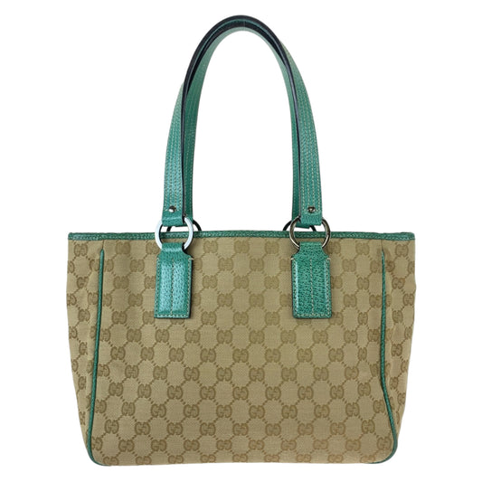 11377
 GUCCI Gucci Beige Green Silver Hardware GG Canvas/Leather 113019 Tote Bag Shoulder Bag Handbag Women's