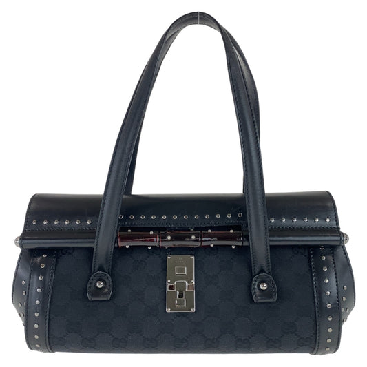 11378
 GUCCI Bamboo Studs Black Silver Hardware GG Canvas/Leather 114993 Shoulder Bag for Women