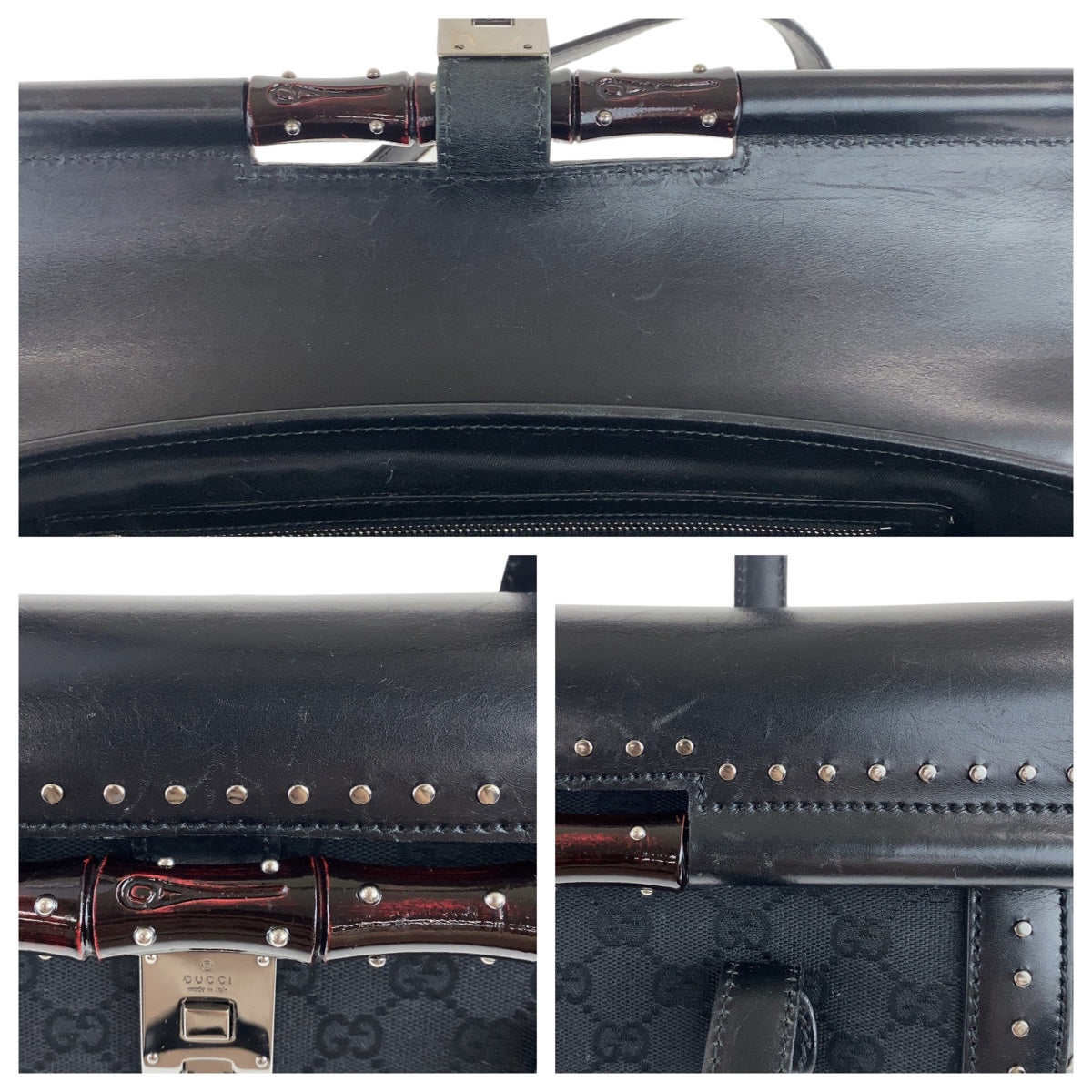 11378
GUCCI グッチ バンブー スタッズ ブラック 黒 シルバー金具 GGキャンバス / レザー 114993 ショルダーバッグ  レディース