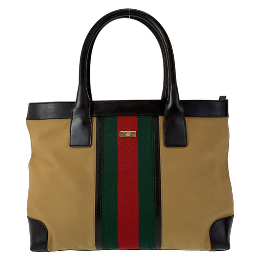 12440
GUCCI グッチ シェリーライン ベージュ キャメル ゴールド金具 キャンバス / レザー 002 1119 トートバッグ ハンドバッグ  レディース