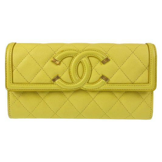 11398
 CHANEL CC Filigree Yellow Gold Hardware Caviar Skin Long Wallet for Women