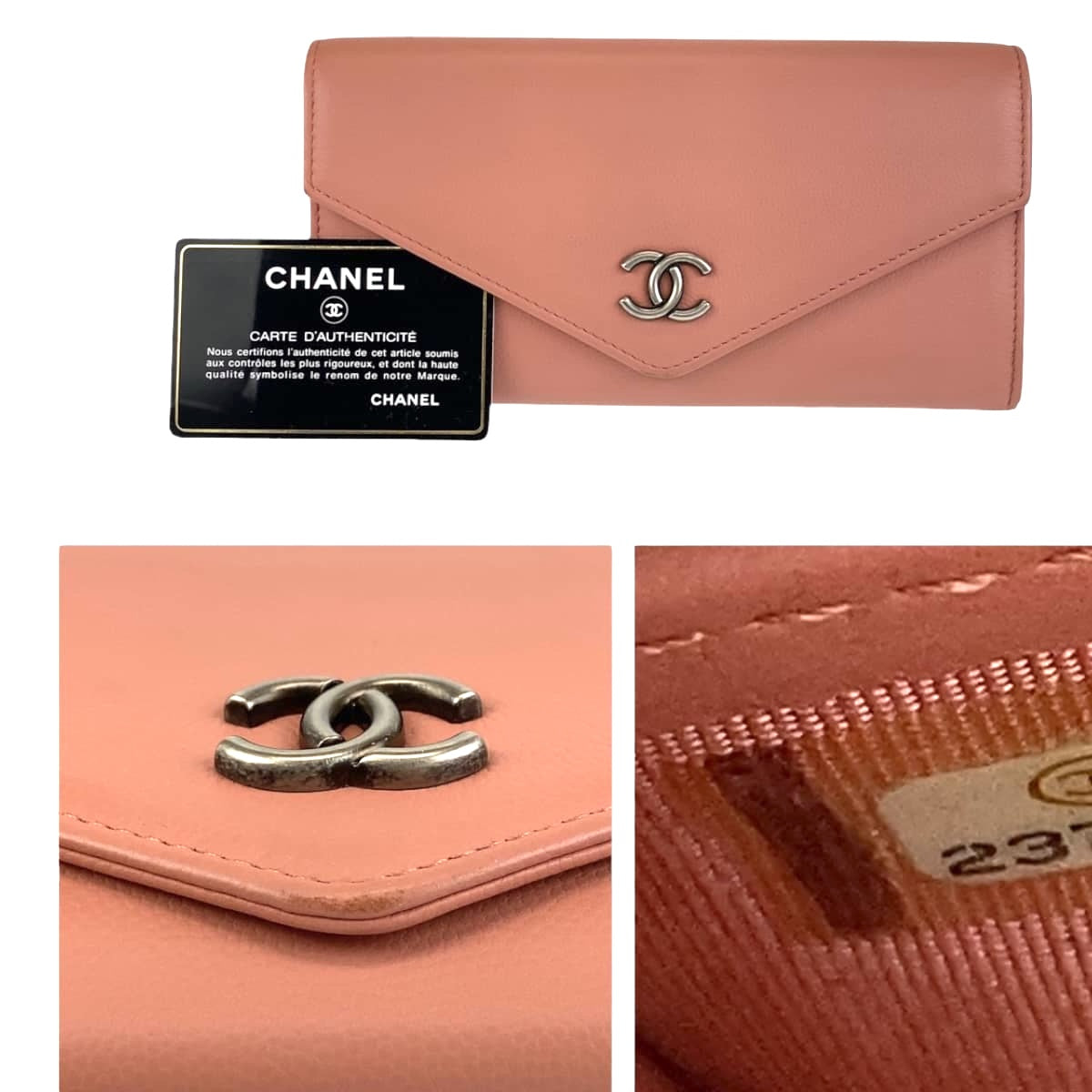 11399
 CHANEL Coco Mark Pink Beige Silver Hardware Leather Long Wallet for Women